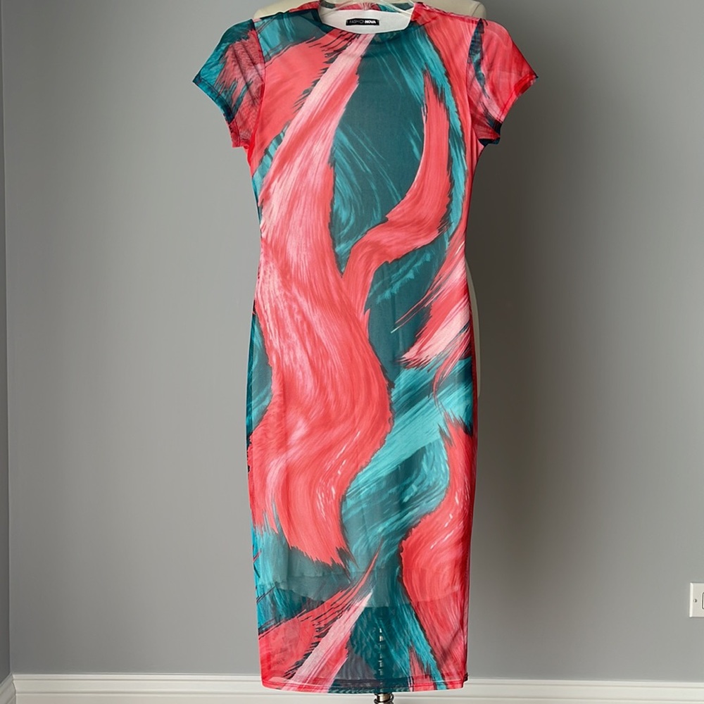 FashionNova fully lined sheer mesh teal red pink dress size S - Picture 7 of 8